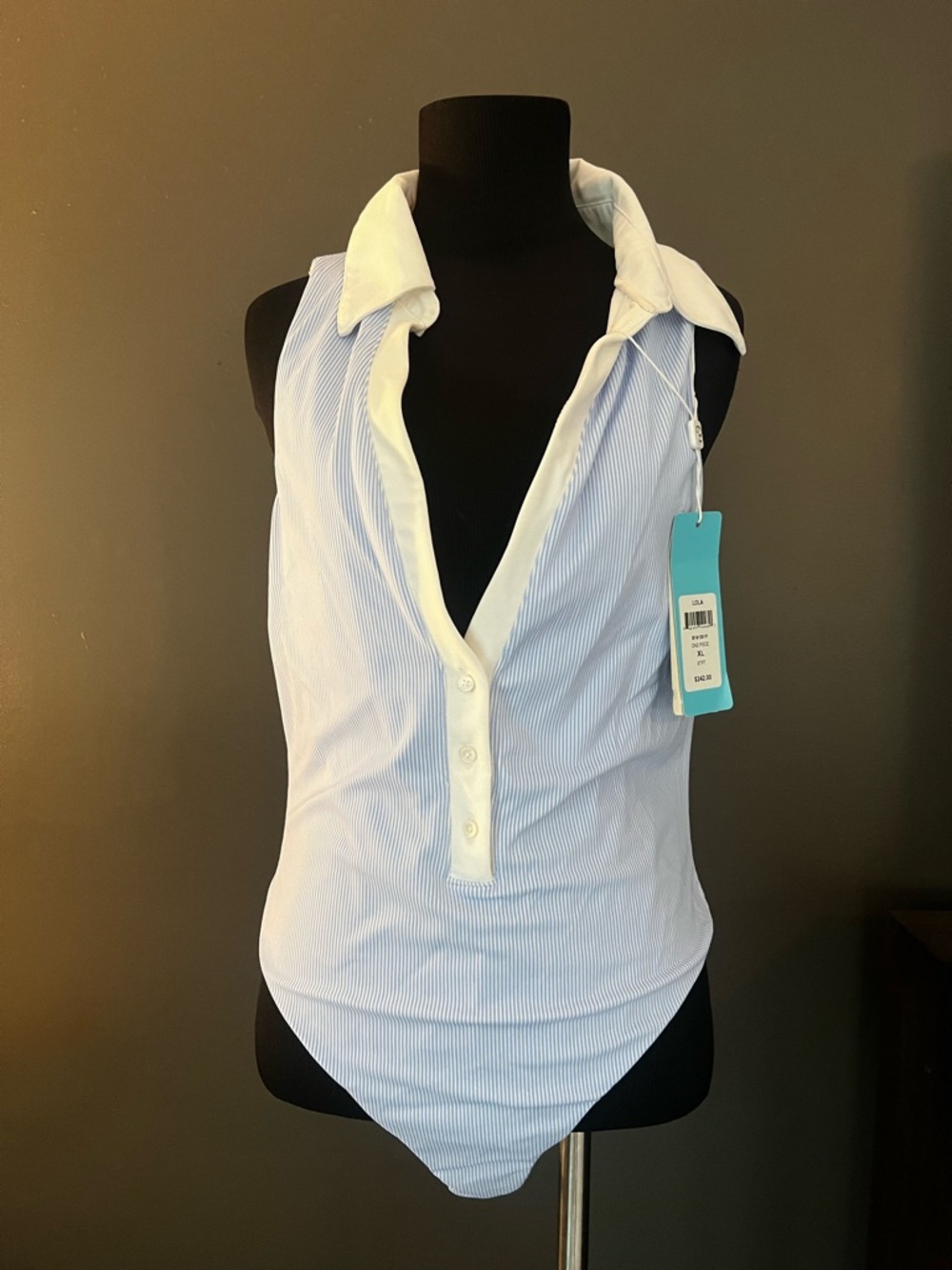 Beach Bunny Light Blue & White Sleeveless Collared One-Piece